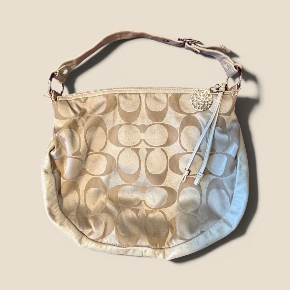 Coach Zoe Hobo Bag Champagne Gold Signature Sateen Leather Large 13642